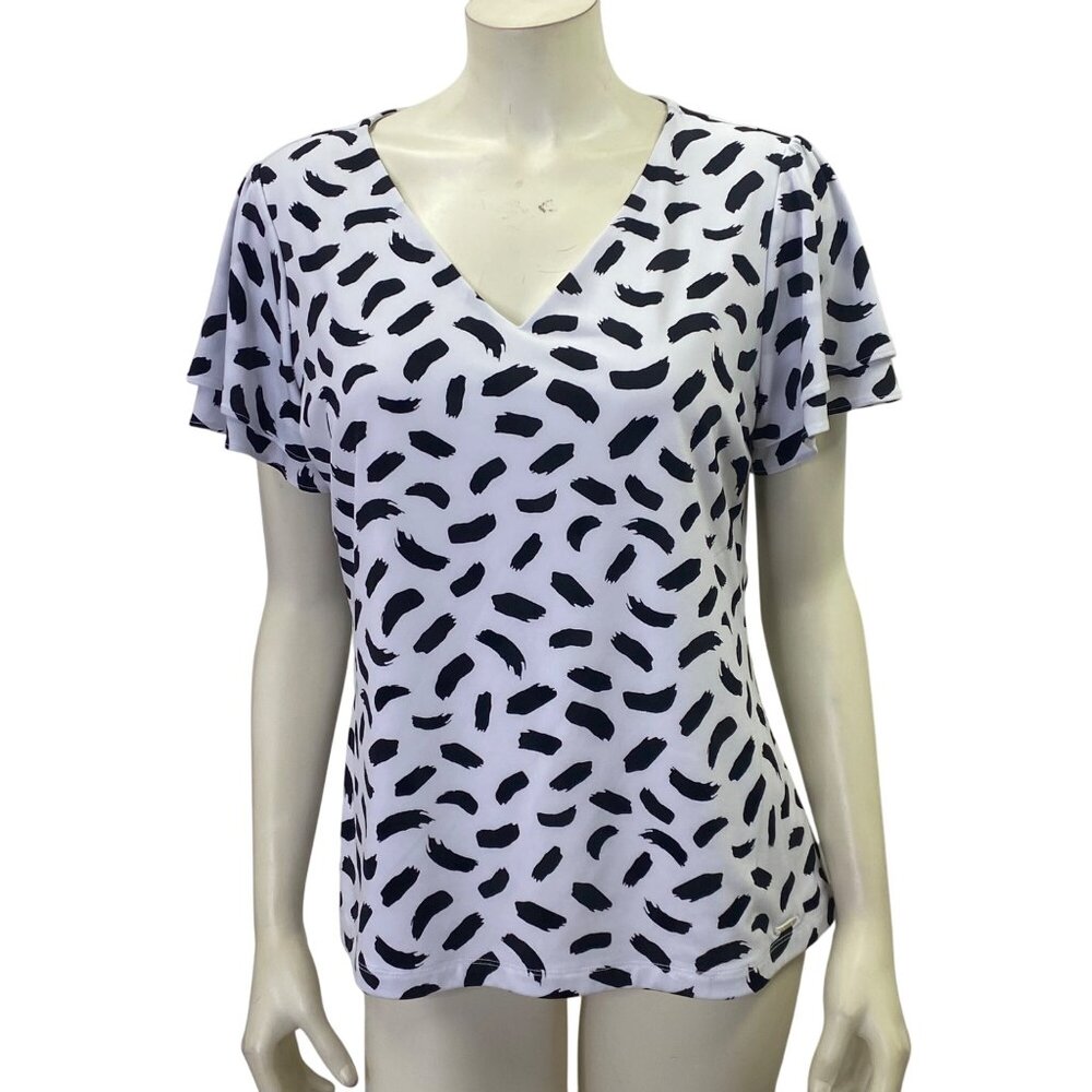 Calvin Klein White & Black‎ Patterned V-Neck Blouse Short Sleeve  Womens Top Md